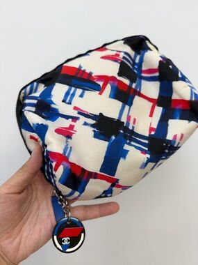 Chanel Graphic Print Cosmetic Pouch with Logo Charm - Blue, Red, Black, Cream